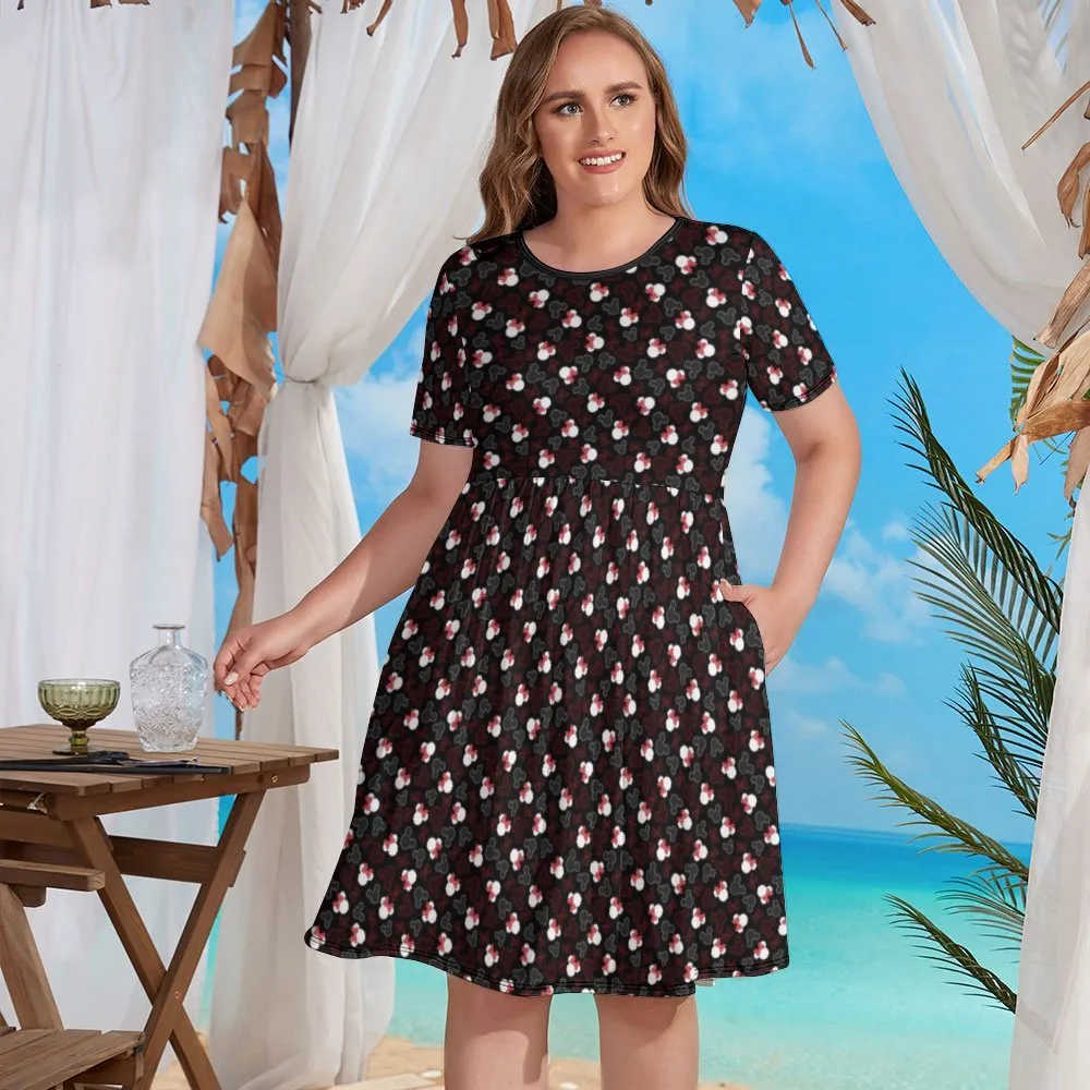 Mickey And Minnie Dots Women's Round Neck Plus Size Dress With Pockets