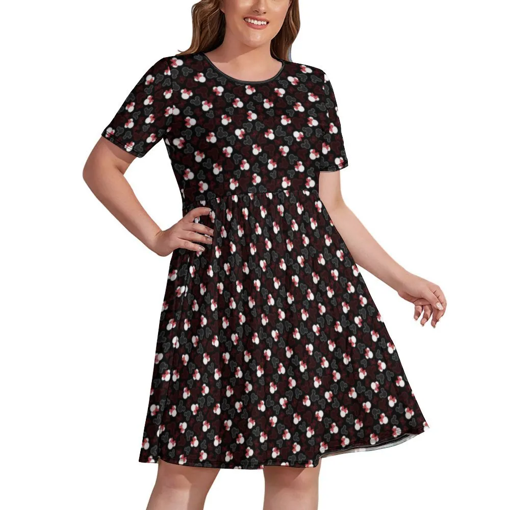 Mickey And Minnie Dots Women's Round Neck Plus Size Dress With Pockets