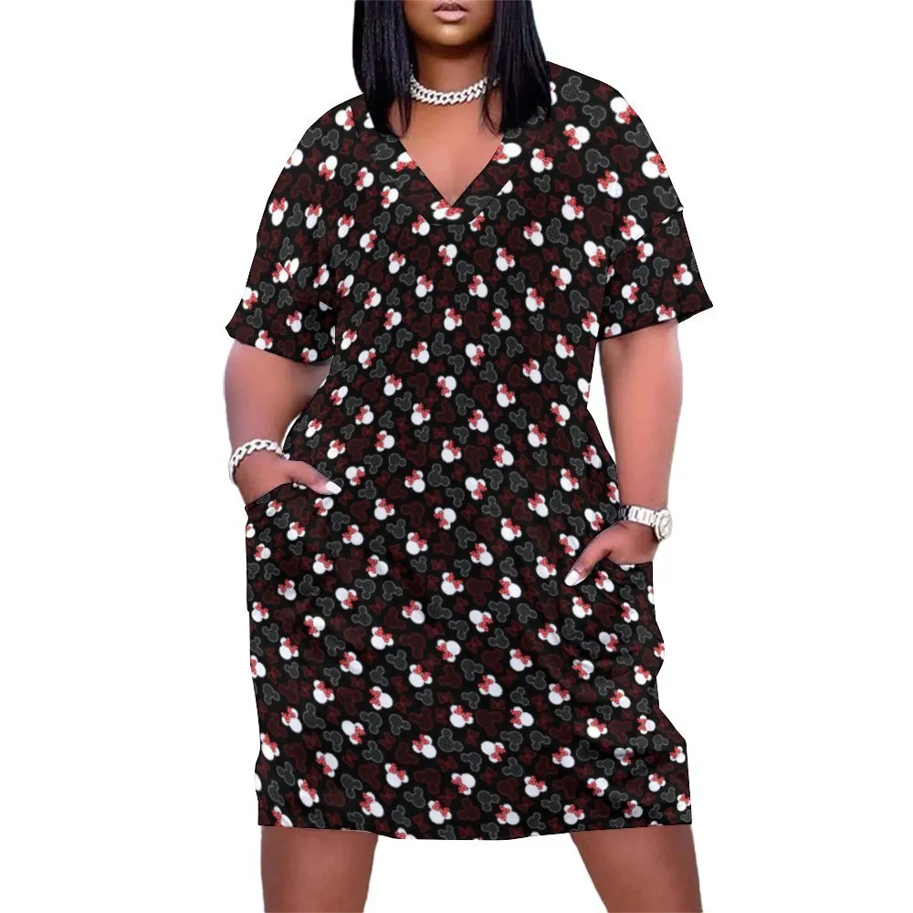 Mickey And Minnie Dots Women's V-neck Loose Dress With Pockets