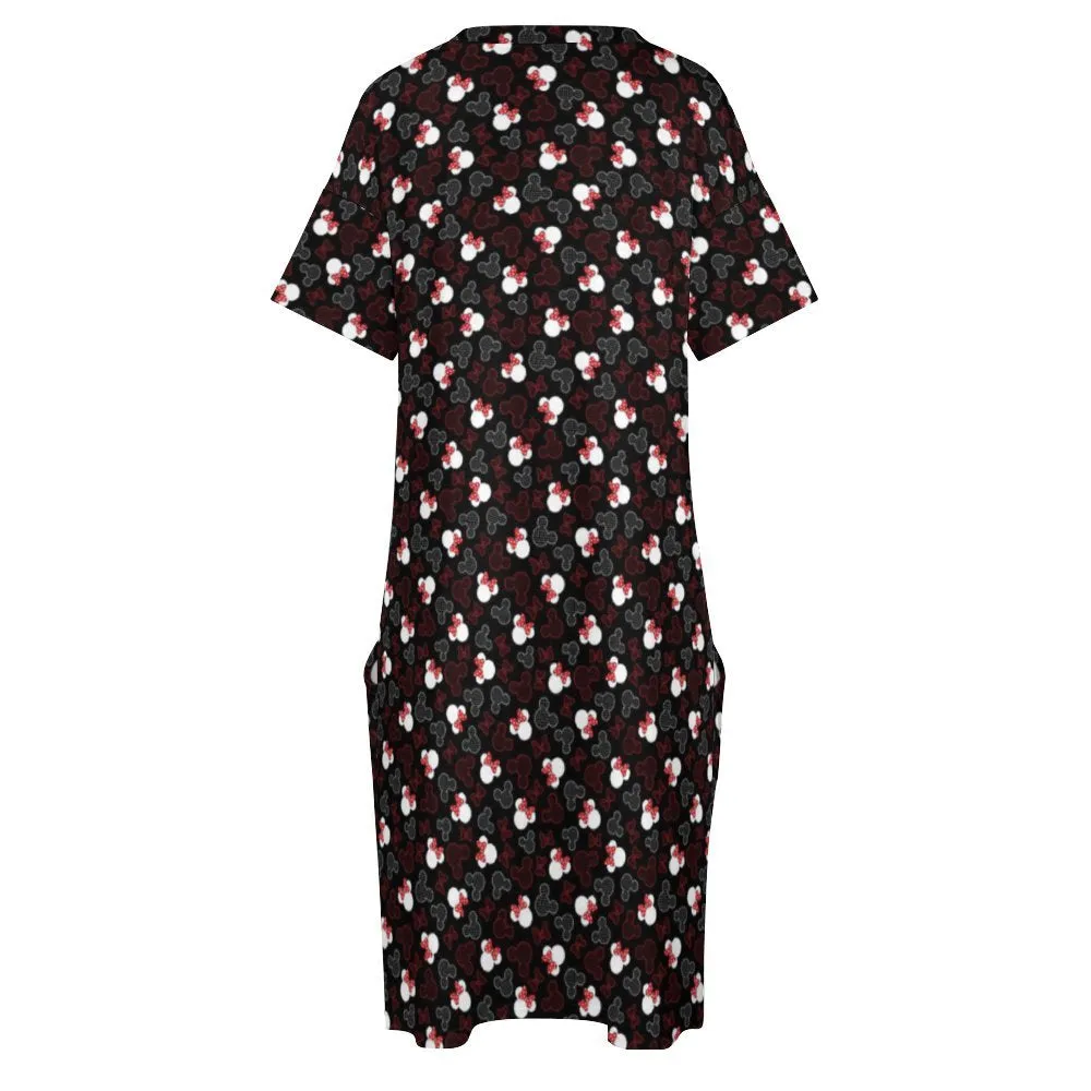 Mickey And Minnie Dots Women's V-neck Loose Dress With Pockets