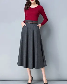 Midi skirt, Wool skirt, Winter skirt, dark gray skirt, long skirt, vintage skirt, high waist skirt, flare skirt, Wool skirt with belt Q0025