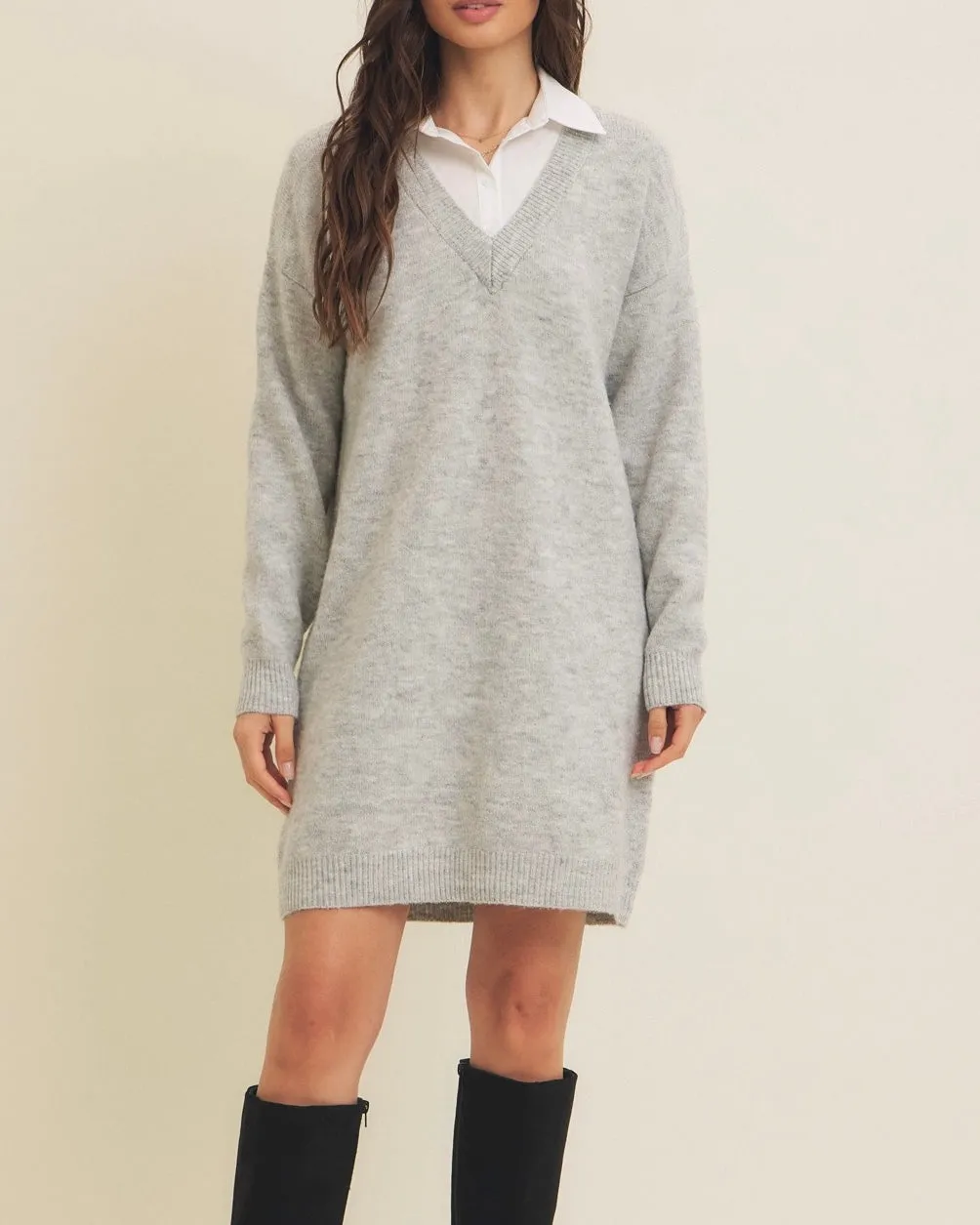 Mixed Media Soft Sweater Shirt Mini Dress