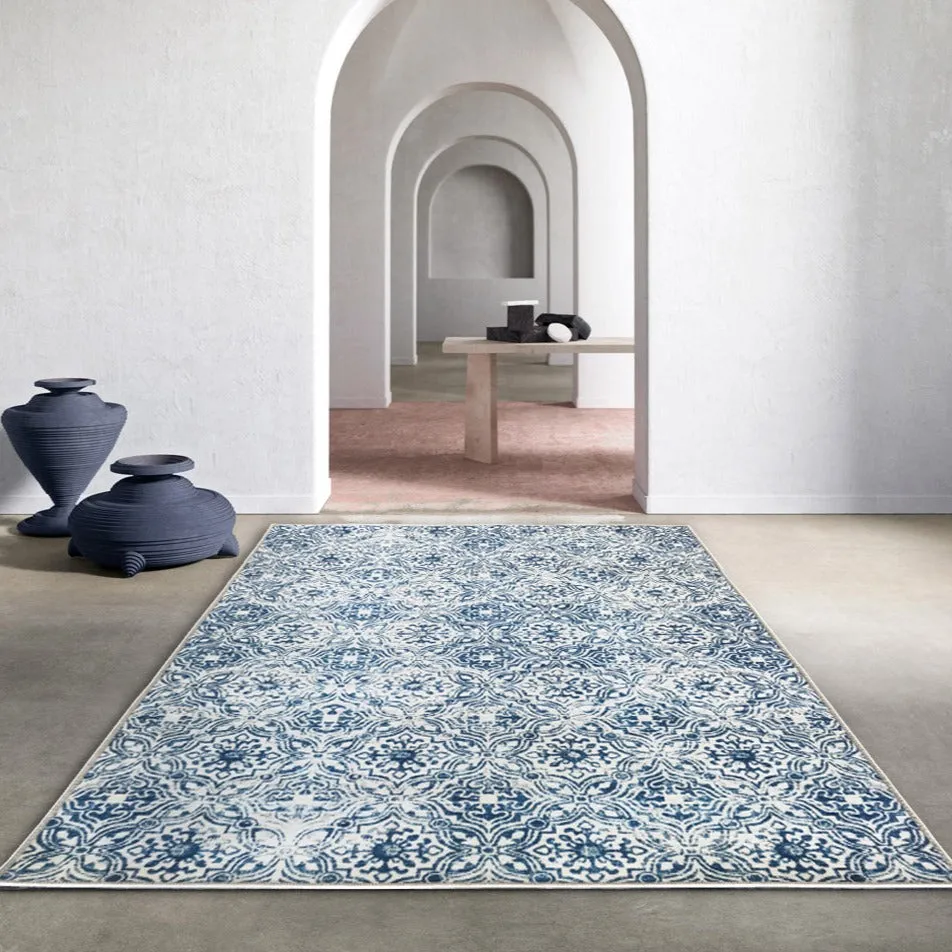 Mozaic Tiles Blue Trellis Distressed Non Slip Area Rug