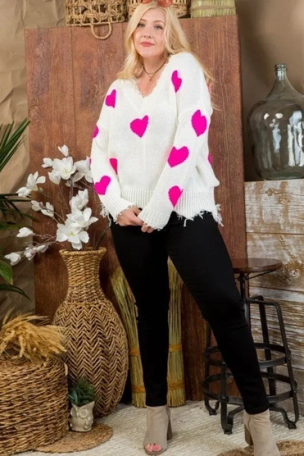 Neon Fuchsia Heart Print Distressed V Neck Long Sleeve Sweater Voluptuous ( ) Plus Size - Ships from The US