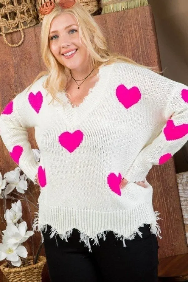 Neon Fuchsia Heart Print Distressed V Neck Long Sleeve Sweater Voluptuous ( ) Plus Size - Ships from The US