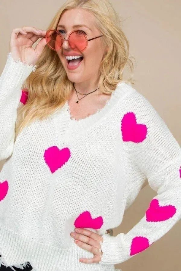 Neon Fuchsia Heart Print Distressed V Neck Long Sleeve Sweater Voluptuous ( ) Plus Size - Ships from The US