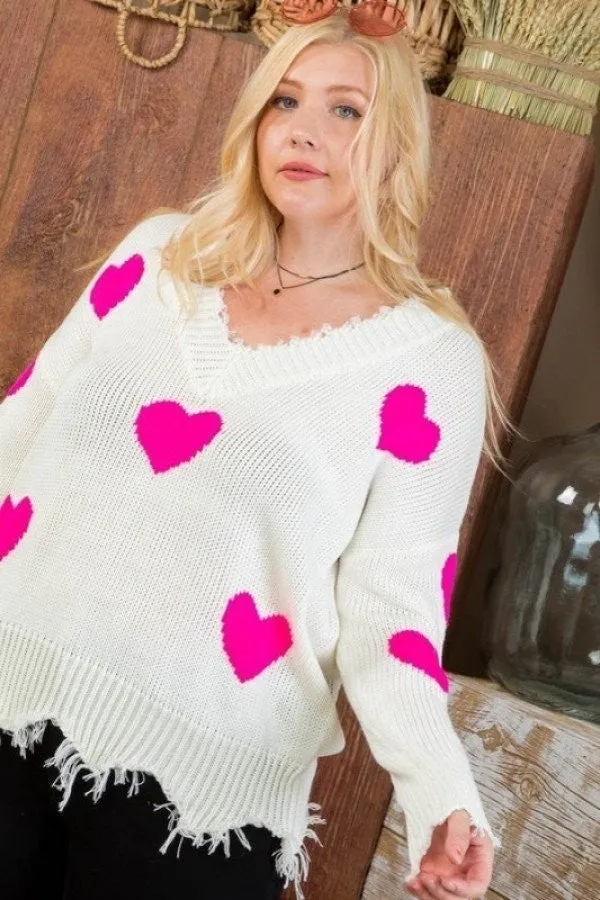 Neon Fuchsia Heart Print Distressed V Neck Long Sleeve Sweater Voluptuous ( ) Plus Size - Ships from The US