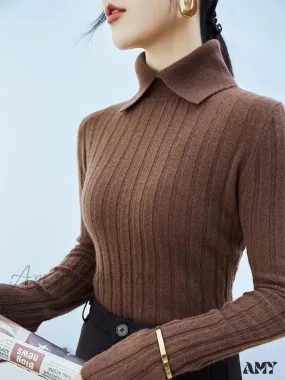 New Polo Collar Women's Knitted Long Sleeve Slim Fit Pullovers Autumn Winter Sweater