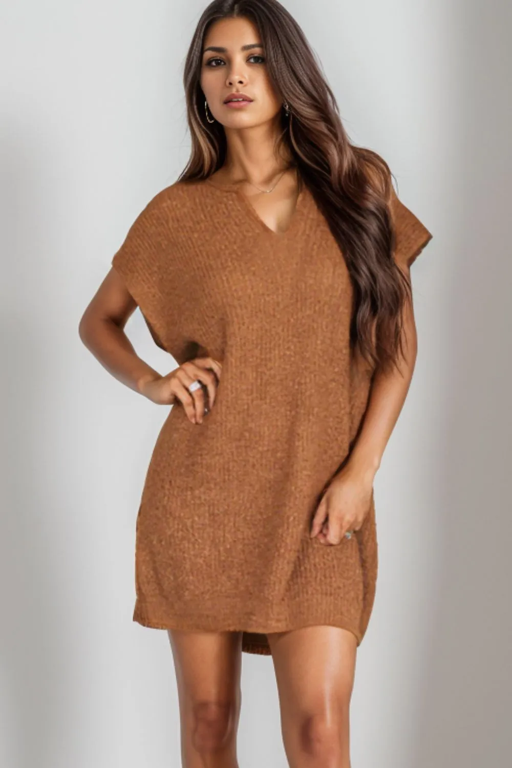 Notched Cap Sleeve Mini Sweater Dress