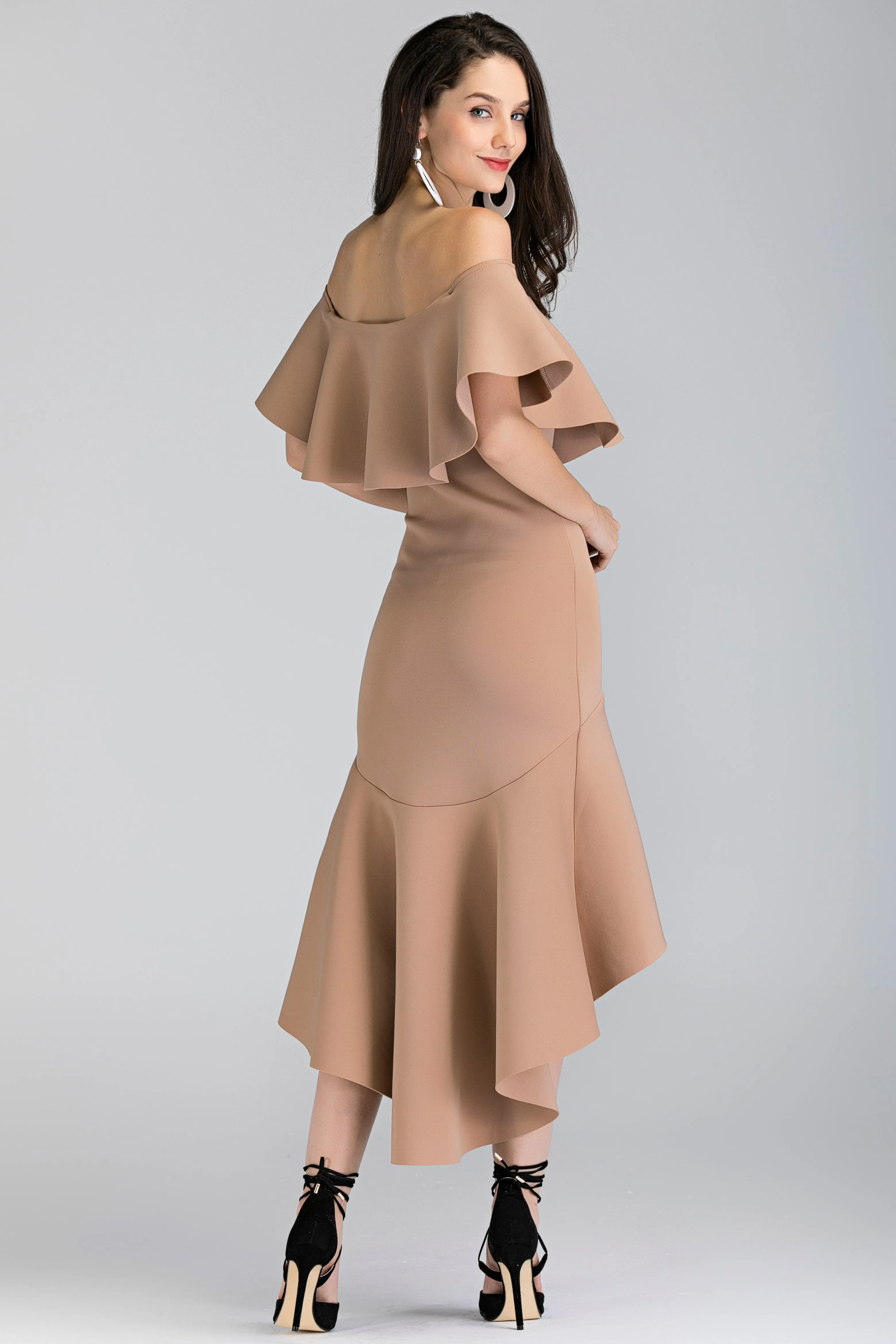 Nude Iris Ruffled Bardot Mullet Dress