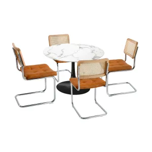 Oikiture 90cm Round Dining Table with 4PCS Dining Chairs PU Leather Brown