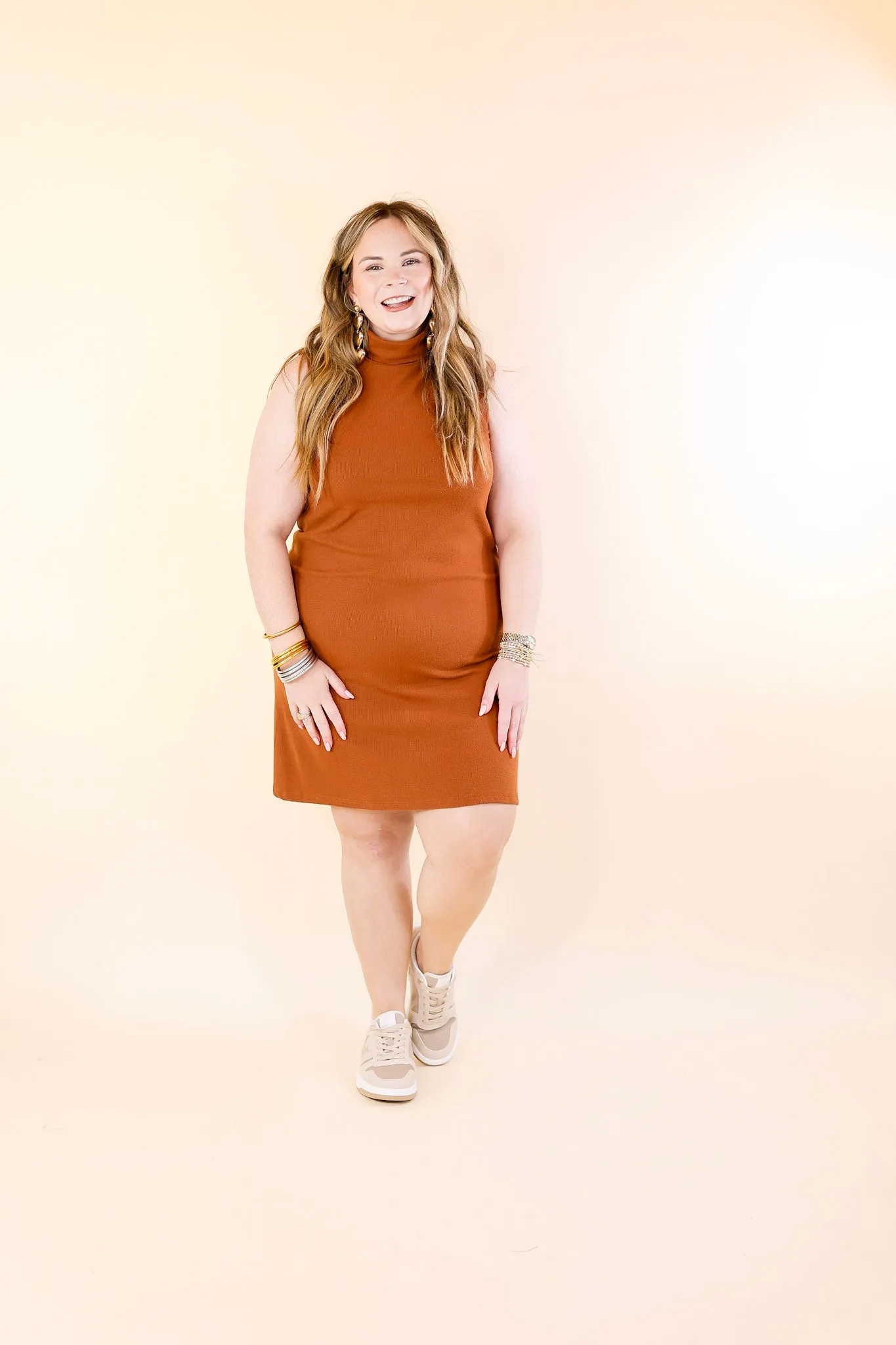 One Love Tank Sweater Dress with Turtle Neck in Rust Orange