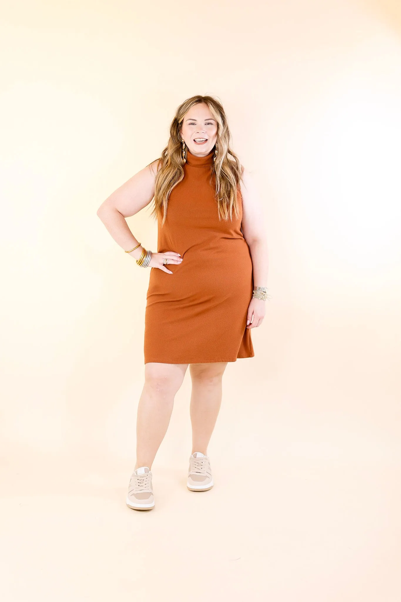 One Love Tank Sweater Dress with Turtle Neck in Rust Orange