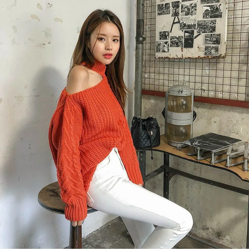 One-Shoulder Turtleneck Pullover