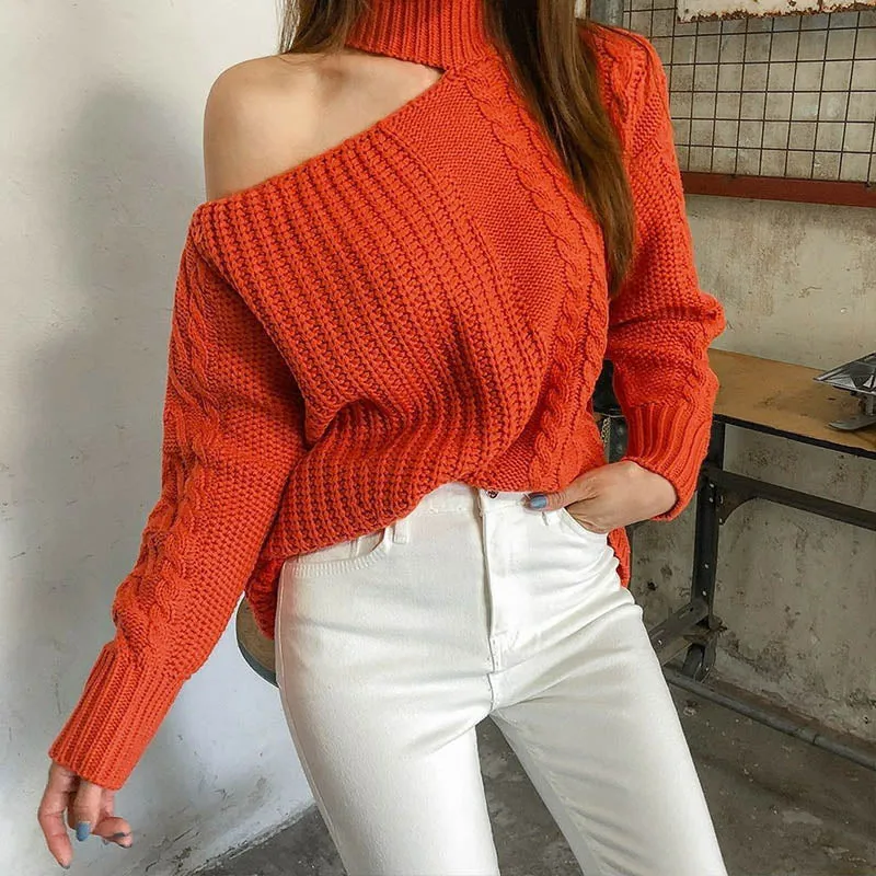 One-Shoulder Turtleneck Pullover