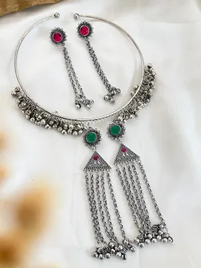 Oxidised Stone Hasli Necklace Earrings Set