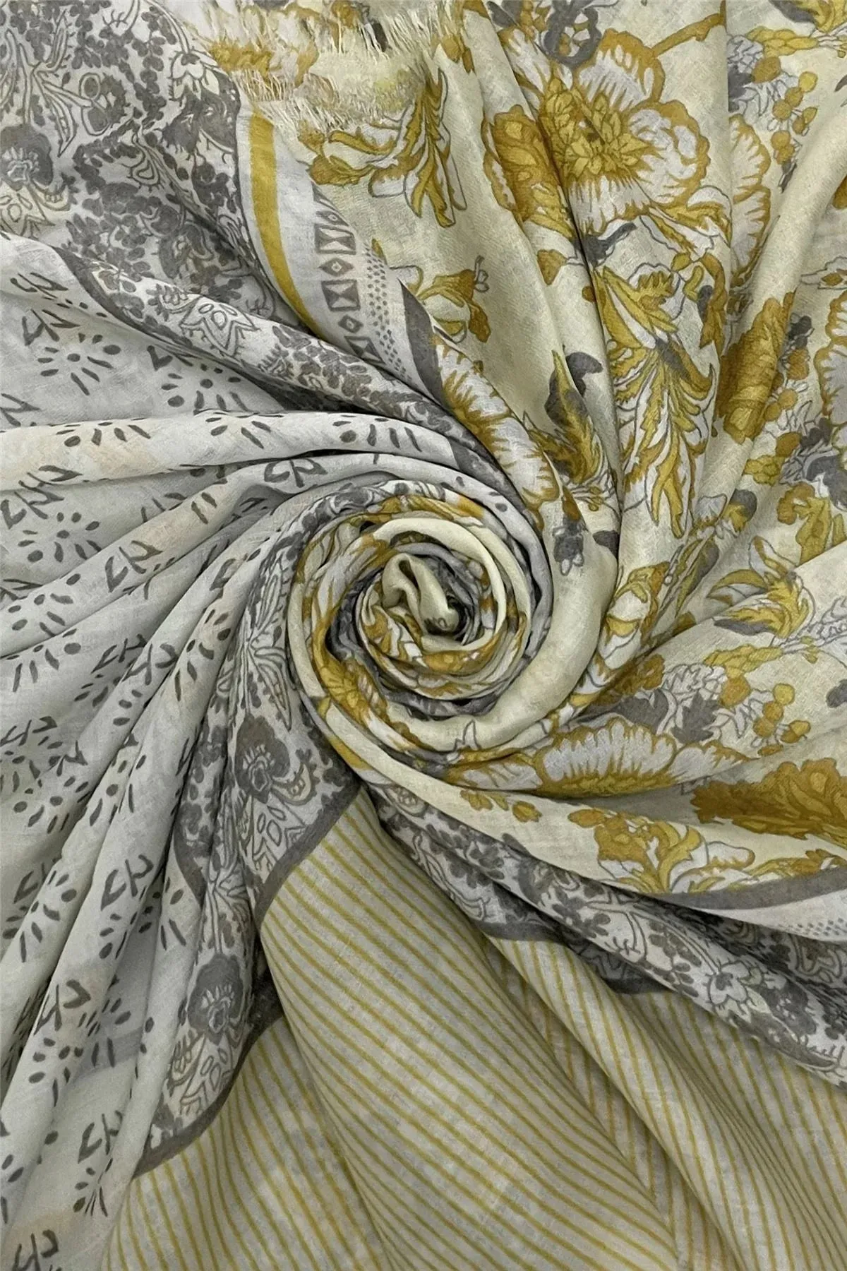 Paisley Flower Print Scarf with Striped Border and Frayed Edge