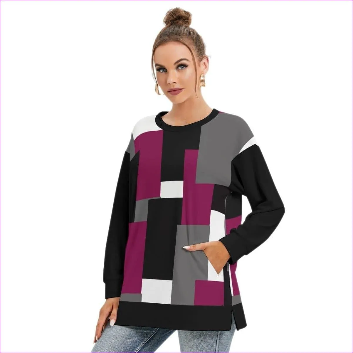 Patchwork Womens Side Split O-neck Sweatshirt