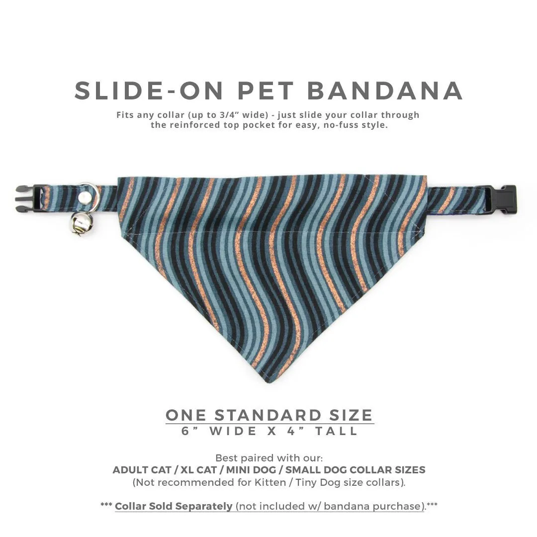 Pet Bandana - "Wavelength - Smoke" - Blue, Copper & Black Bandana for Cat   Small Dog / Slide-on Bandana / Over-the-Collar (One Size)