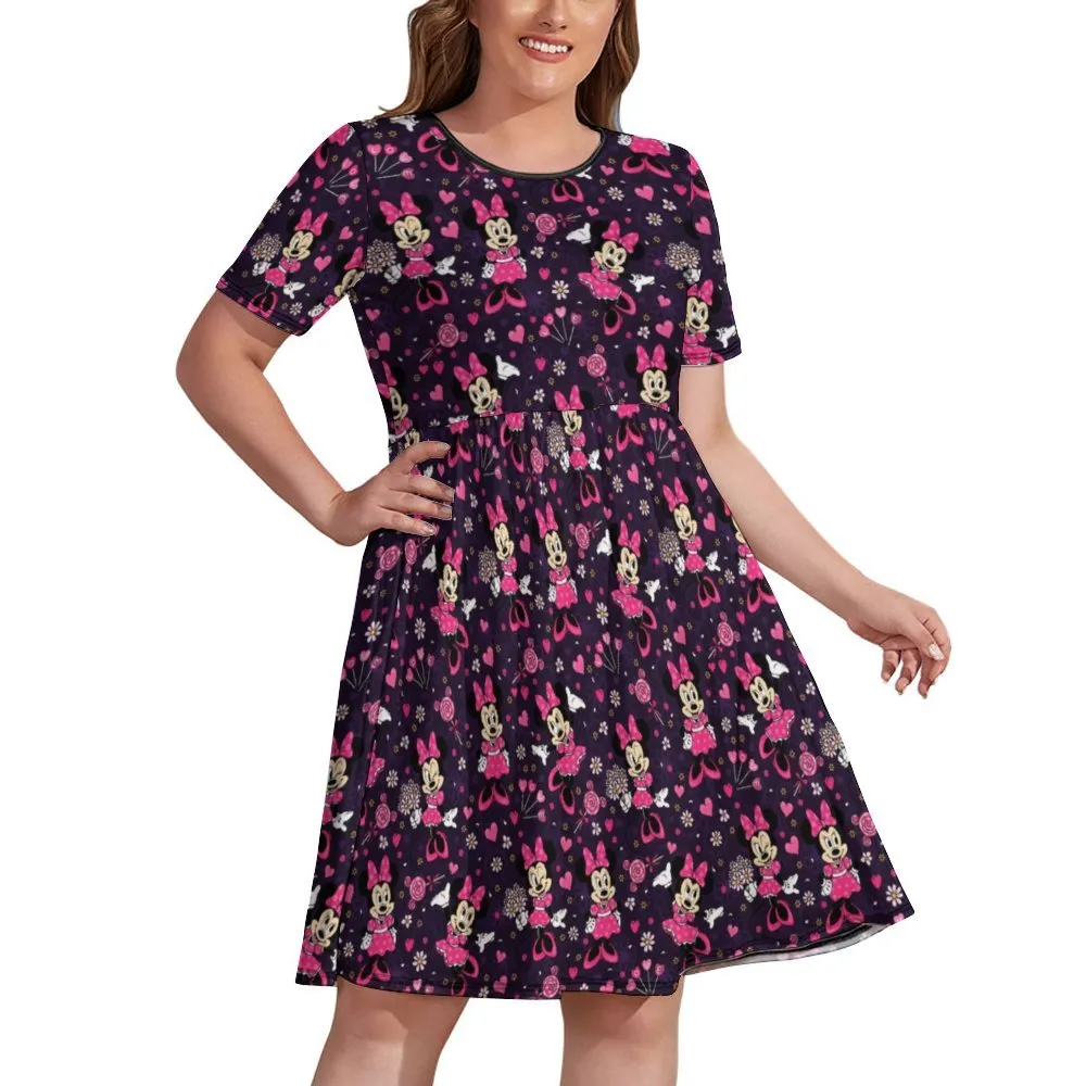 Pink Minnie Women's Round Neck Plus Size Dress With Pockets