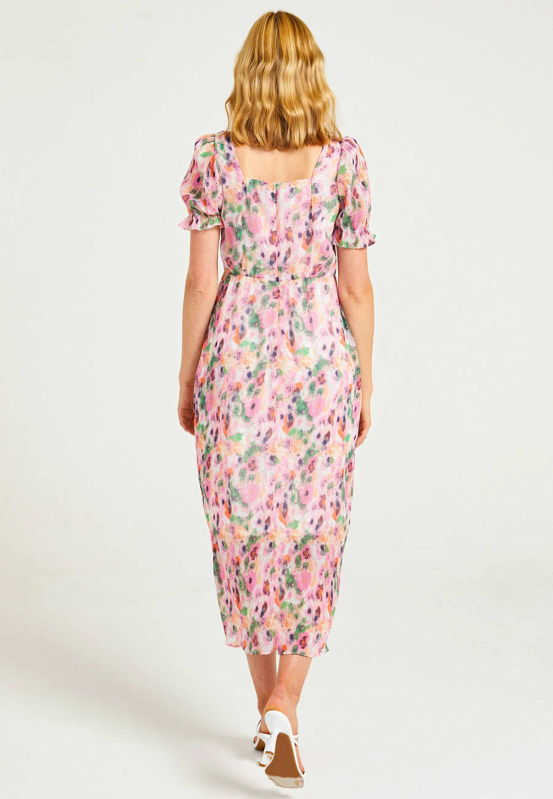 Pink Plisse Midaxi Dress in Abstract Print