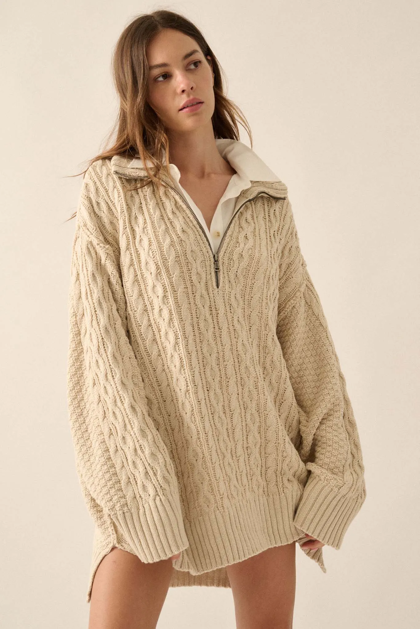 Plot Twist Half-Zip Cable Knit Sweater Dress