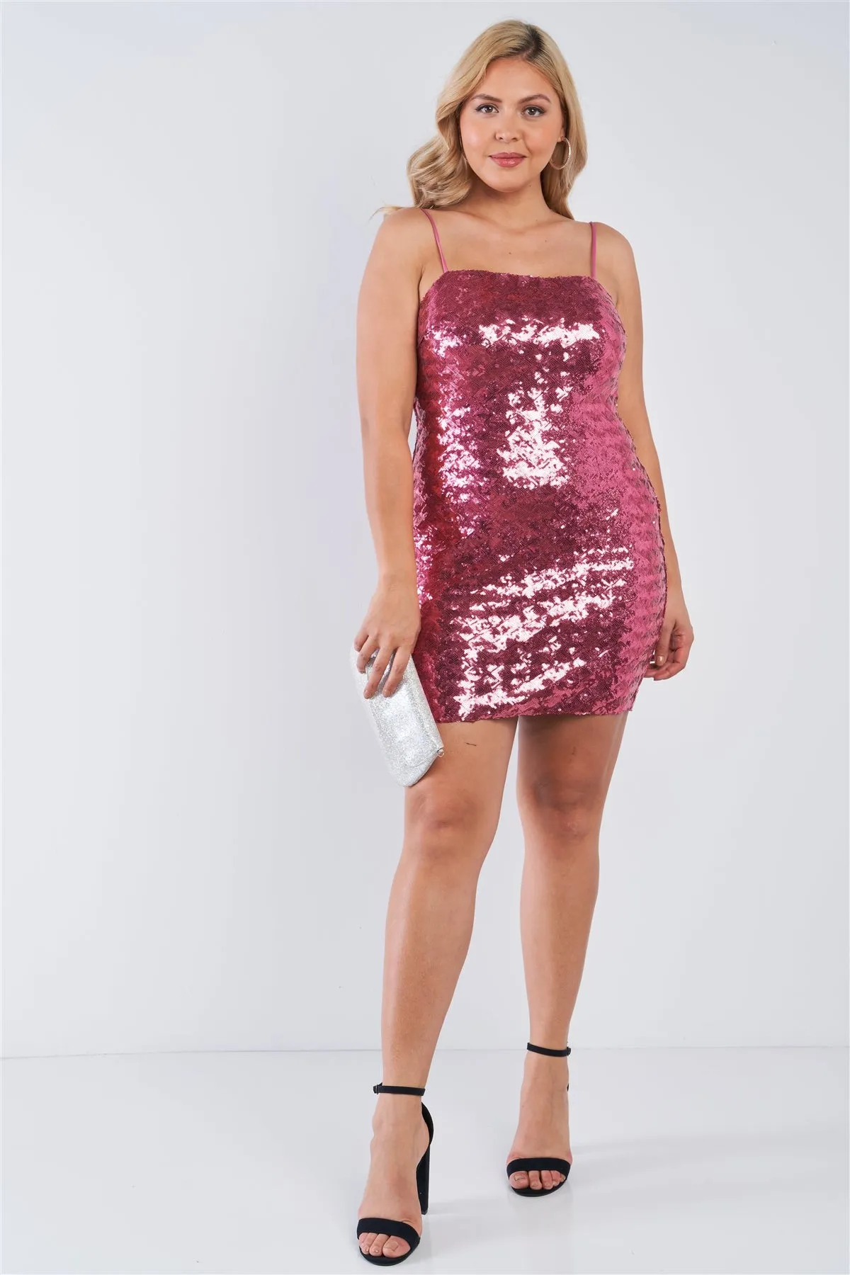 Plus Size Pink Sequin Cami Bodycon Mini Dress