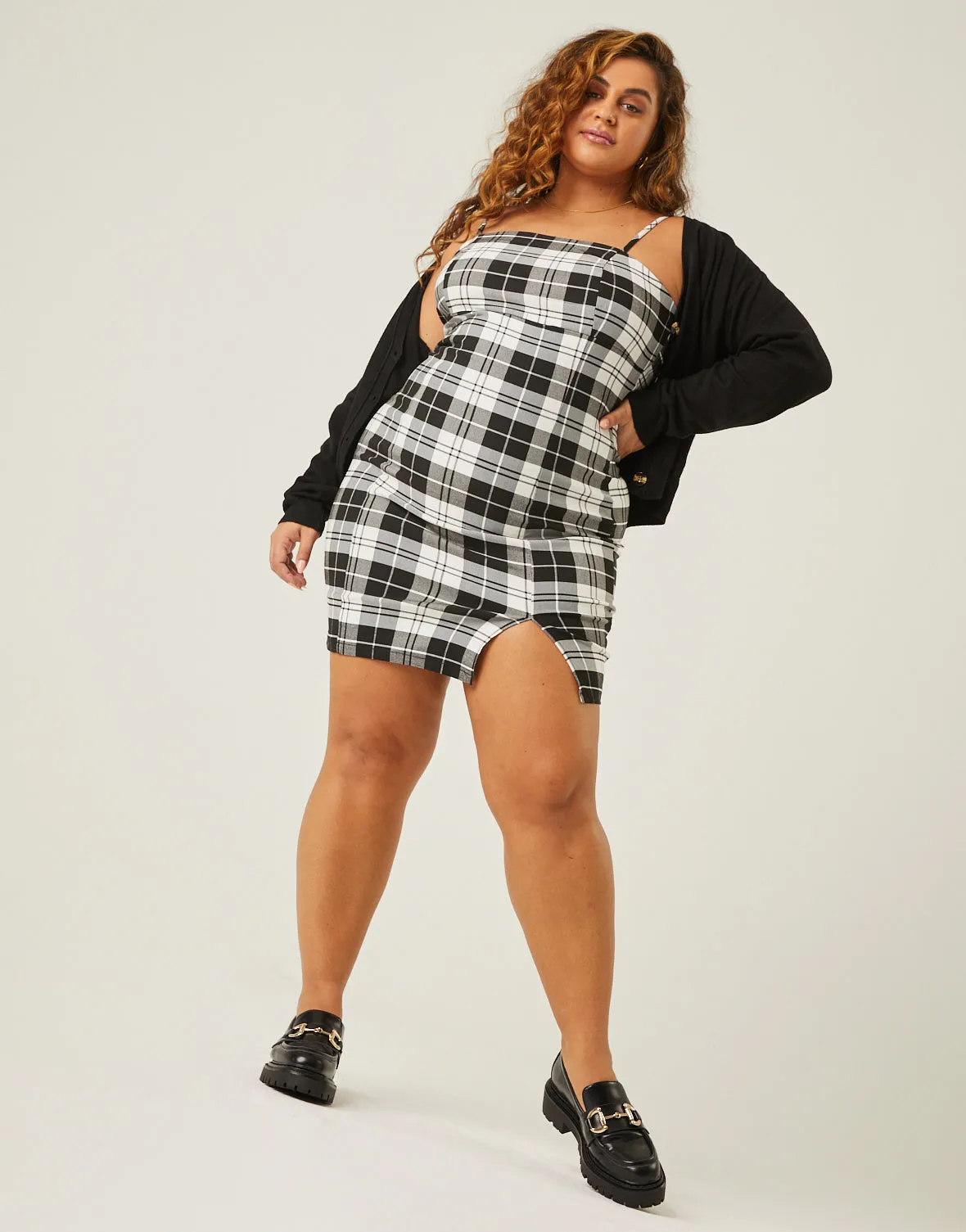 Plus Size Plaid Straight Neck Mini Dress