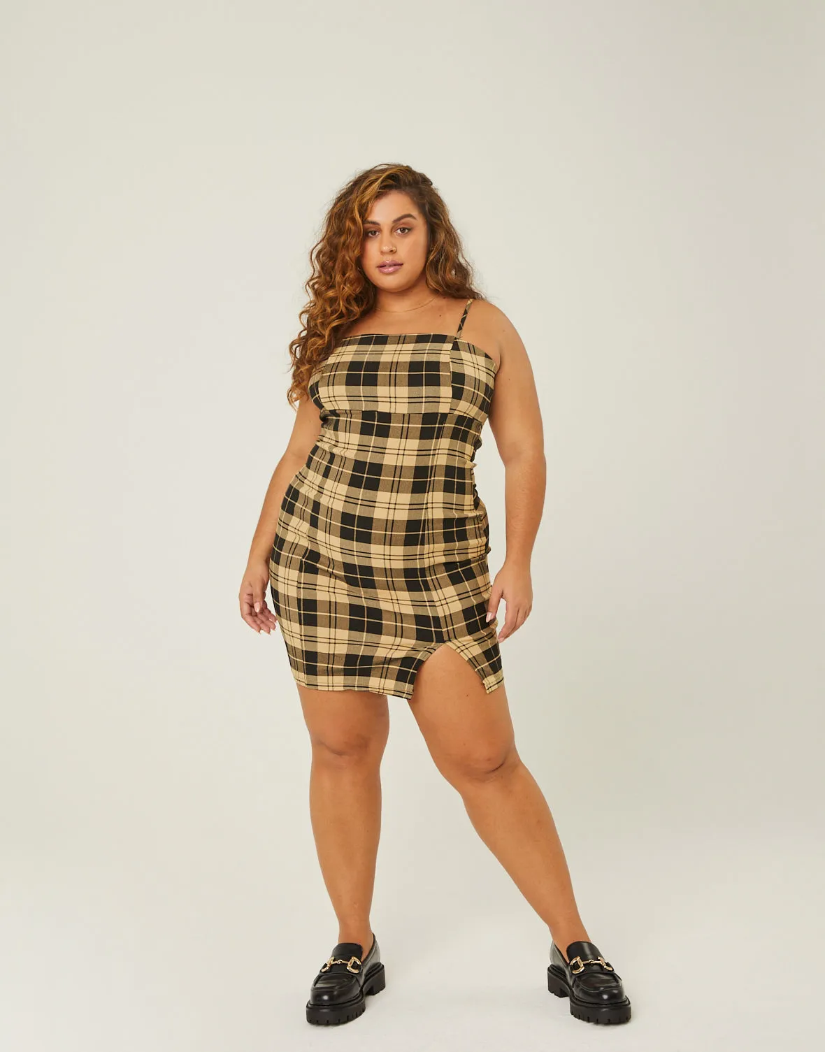 Plus Size Plaid Straight Neck Mini Dress