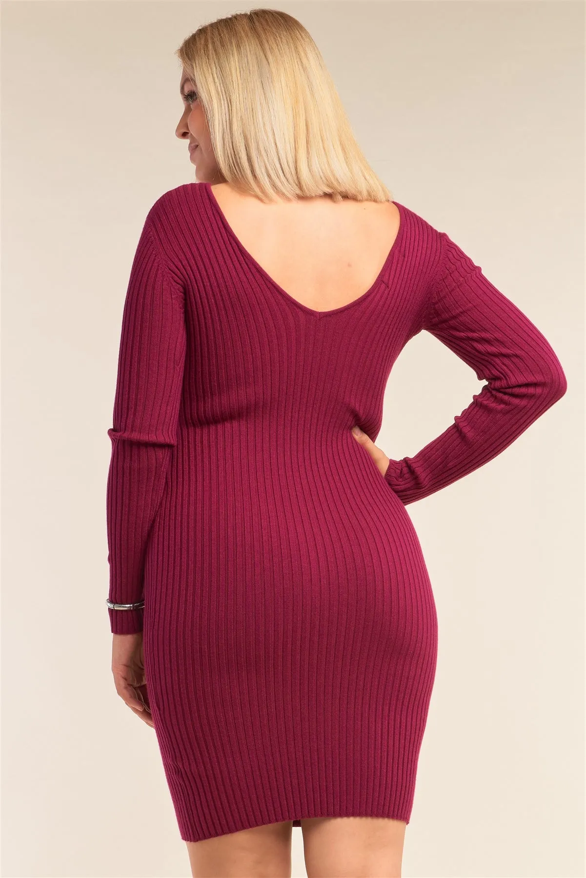 Plus Size V-neck Long Sleeve Ribbed Sweater Bodycon Mini Dress