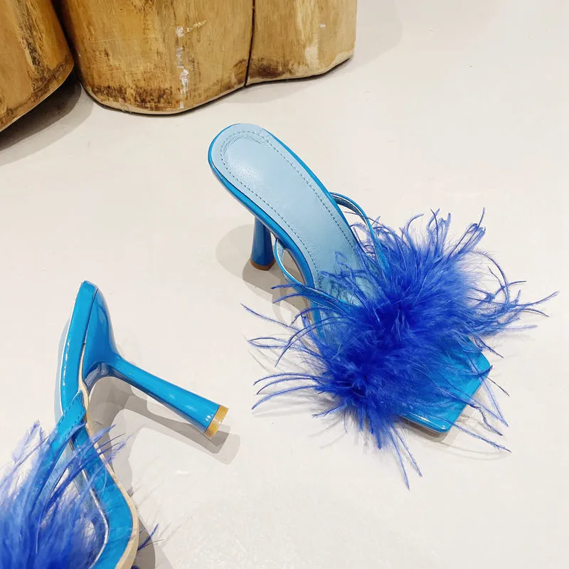 Pre Order:  Feather Square Toe Stiletto Mule Sandals