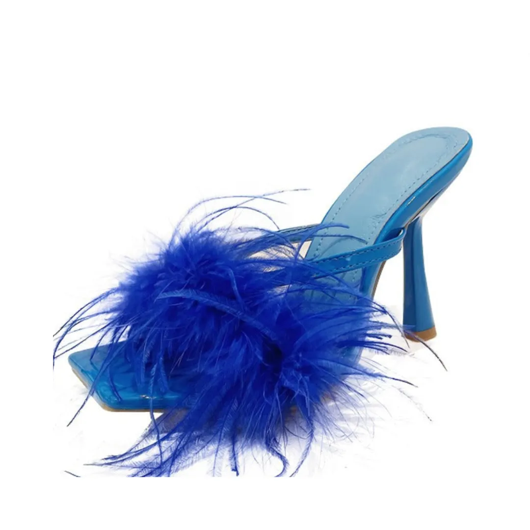 Pre Order:  Feather Square Toe Stiletto Mule Sandals