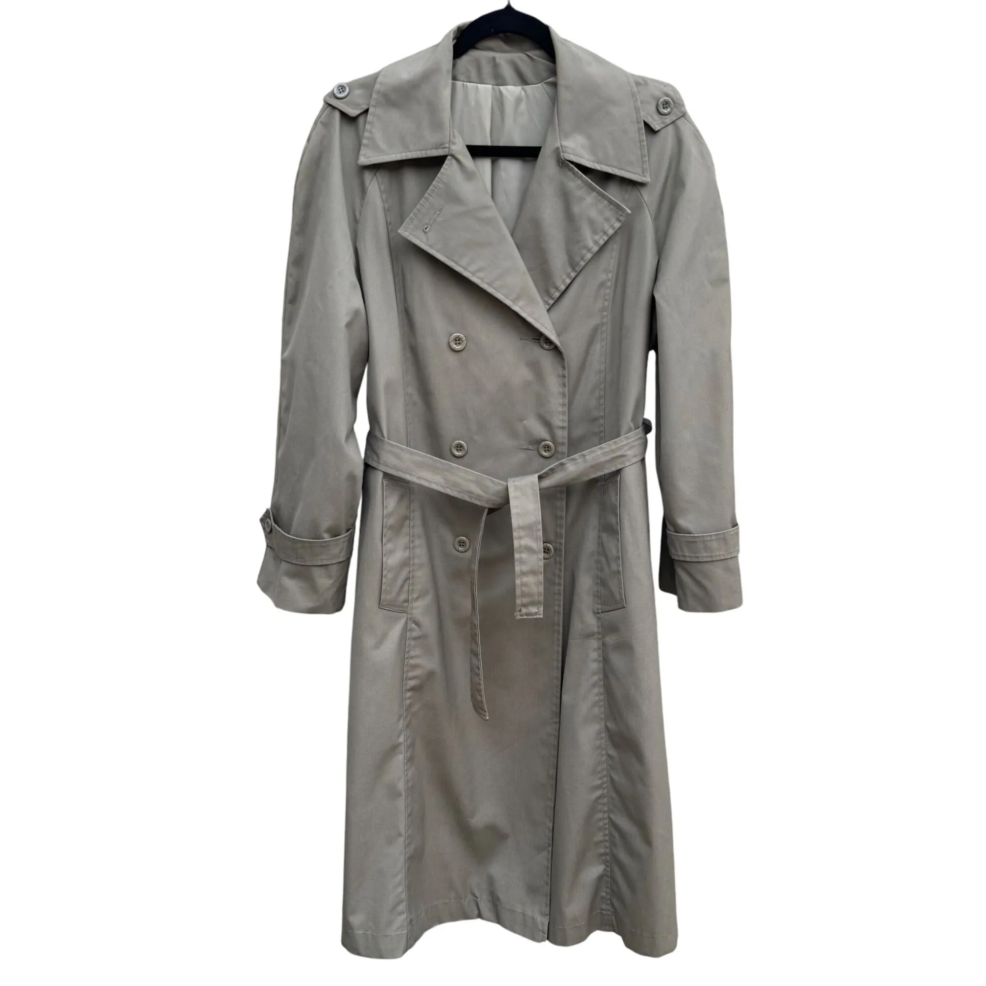 Rain Or Shine Vintage Womens Khaki Double-Breasted Belt Button Cuffs Trench Coat 14