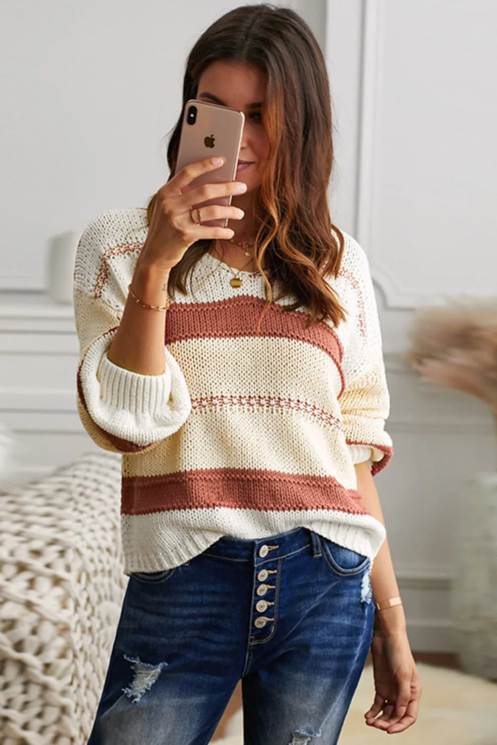 Red Colorblock Casual V Neck Knit Pullover Sweater