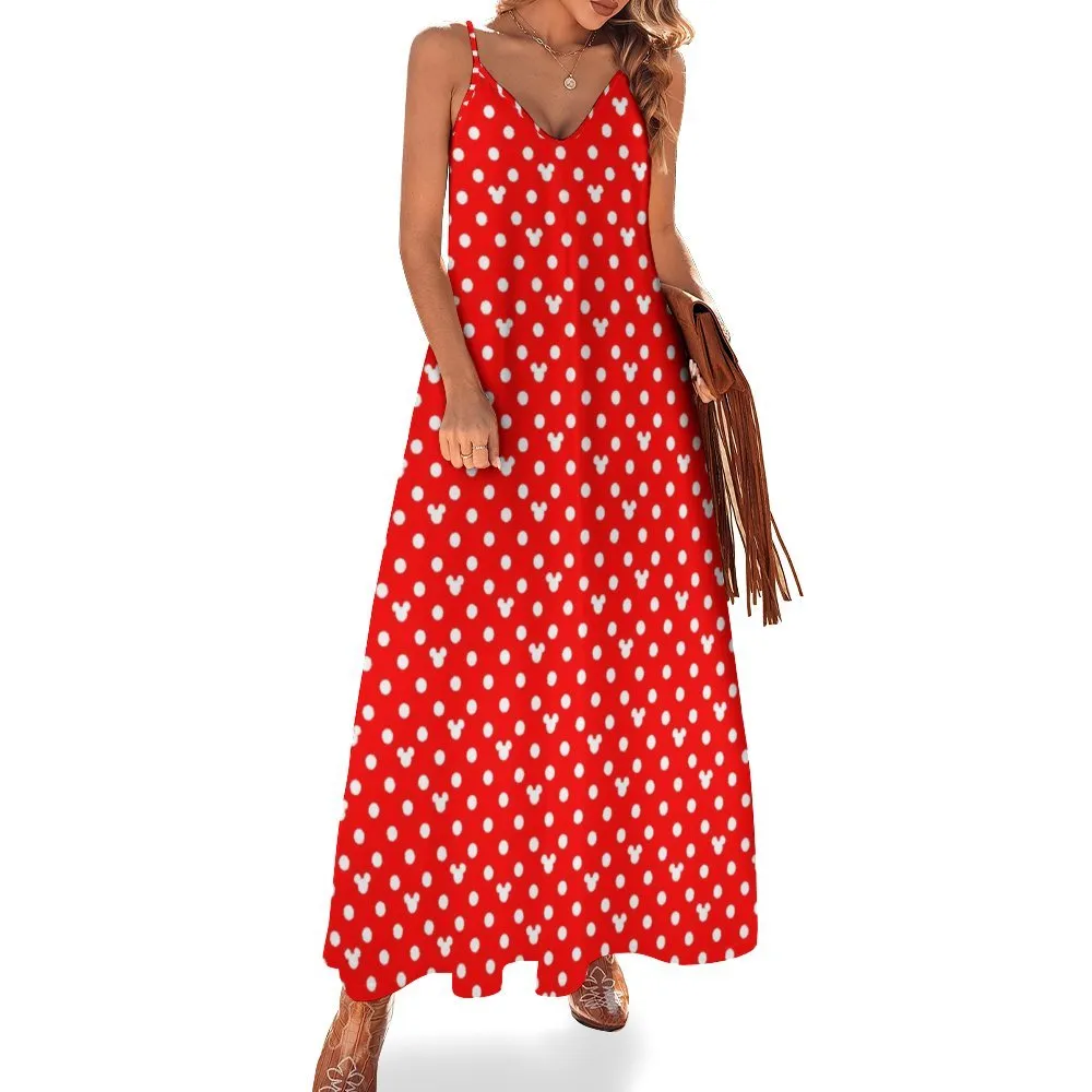 Red With White Mickey Polka Dots Women's Summer Slip Long Dress