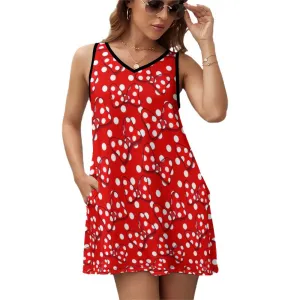 Red With White Polka Dot And Bows Sleeveless Sundress With Pockets