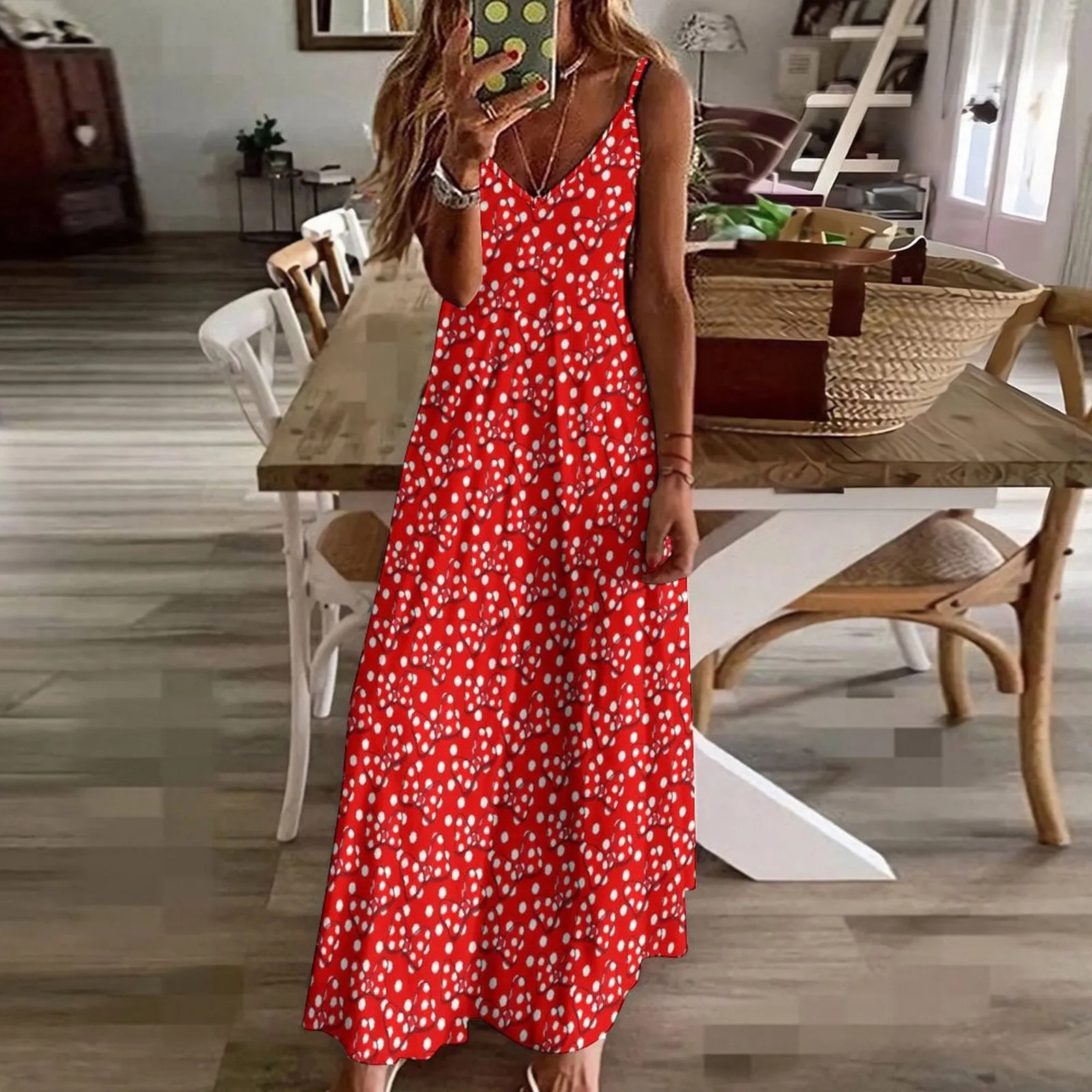 Red With White Polka Dots Women's Summer Slip Long Dress