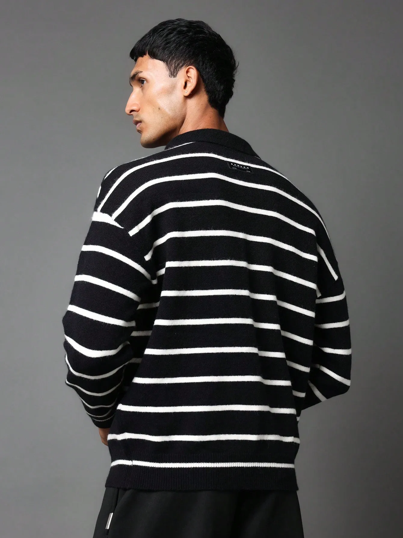 Regular Fit Stripe Knit Polo Sweater