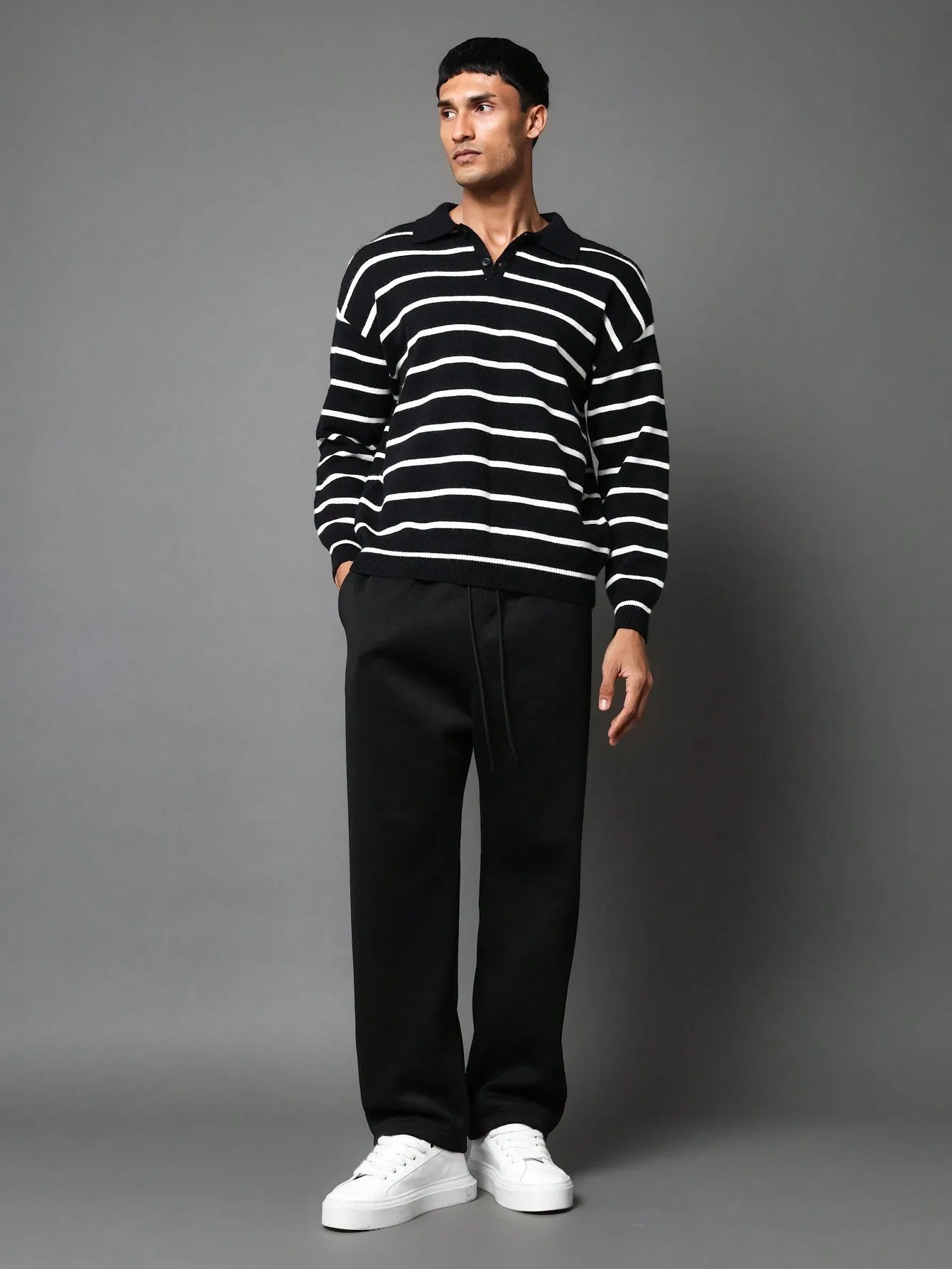 Regular Fit Stripe Knit Polo Sweater