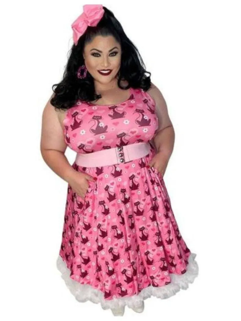 Retro Love Cats Knee Length Skater Dress With Pockets