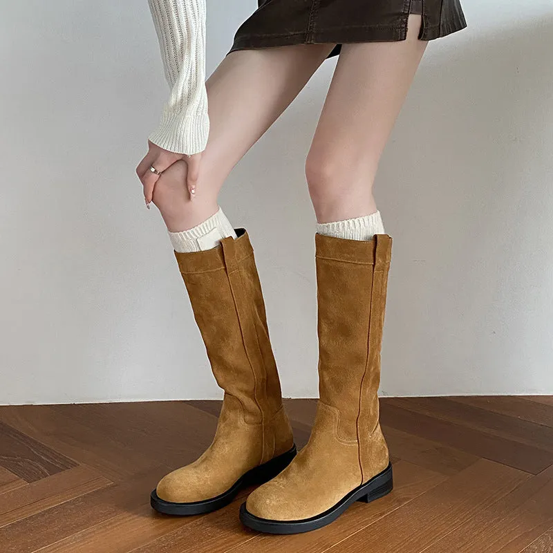 Retro Suede Cow Leather Western Boots - Women's Low Heel Knee-High Boots Khaki/Light Brown