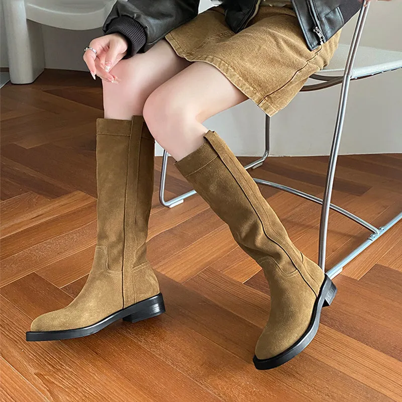 Retro Suede Cow Leather Western Boots - Women's Low Heel Knee-High Boots Khaki/Light Brown