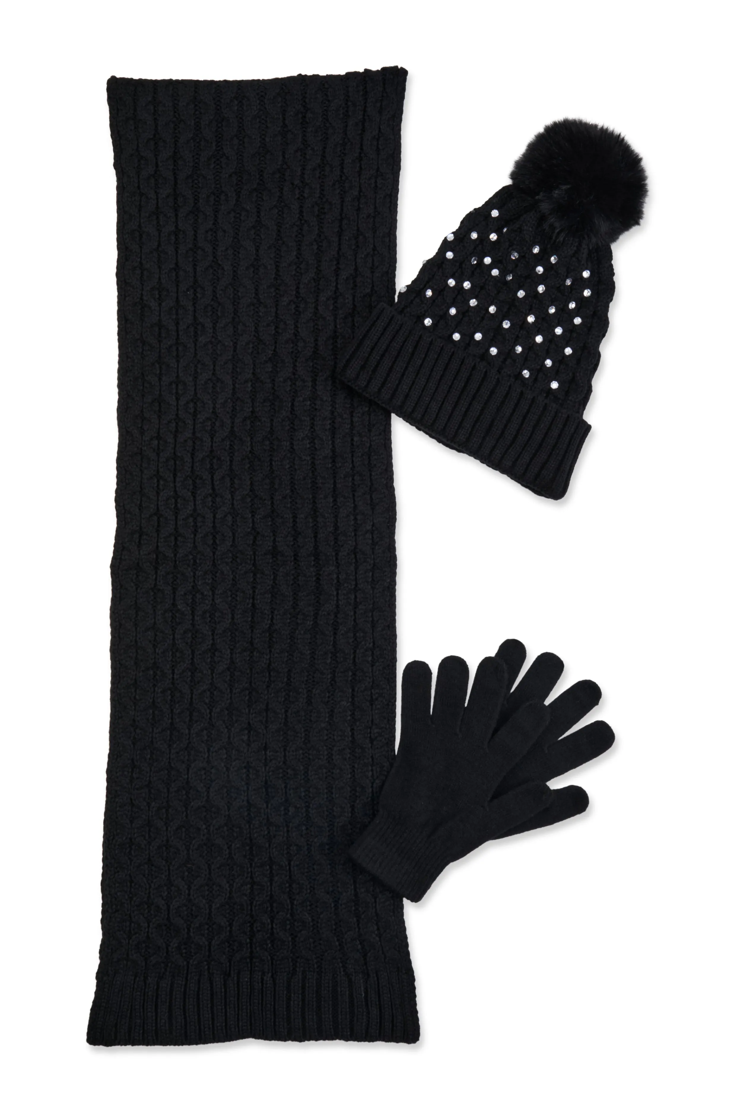 Rhinestone Beanie with Cable Knit Scarf and Gloves