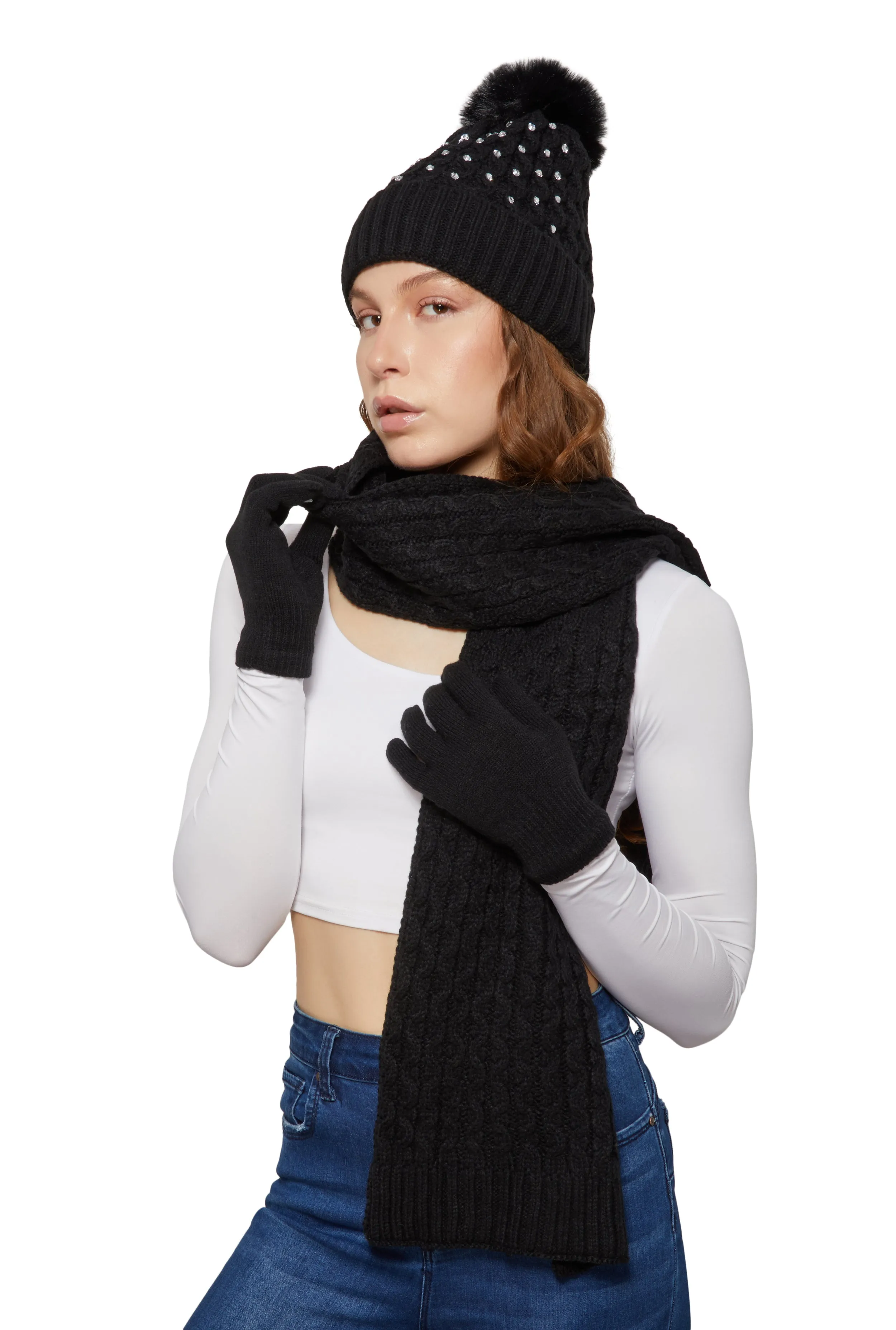 Rhinestone Beanie with Cable Knit Scarf and Gloves