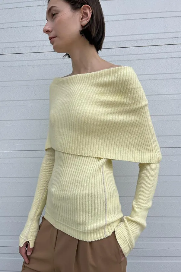 Ribbed Cape Sweater in Pale Yellow