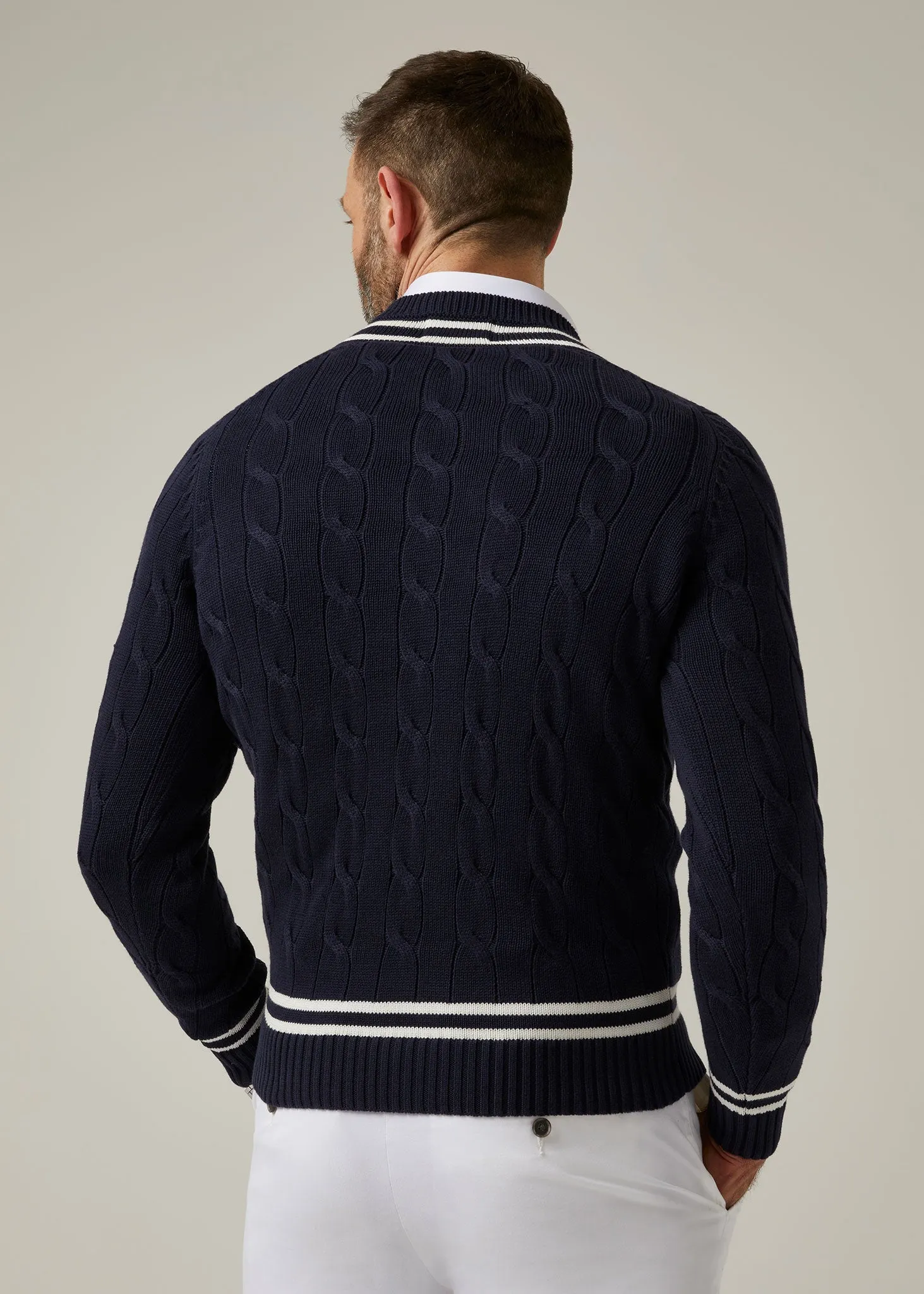 Sandridge Cable Knit Cricket Jumper In Dark Navy