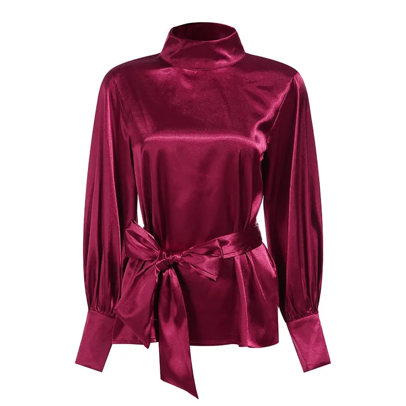 Satin Blouse WomenFashion Tunics Tops 2022 Autumn Elegant Bow Tie Lantern Sleeve Belted Shirt Casual Slik Party Blusas