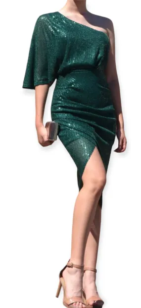 Sequin One Shoulder Ruched Bodycon Dress