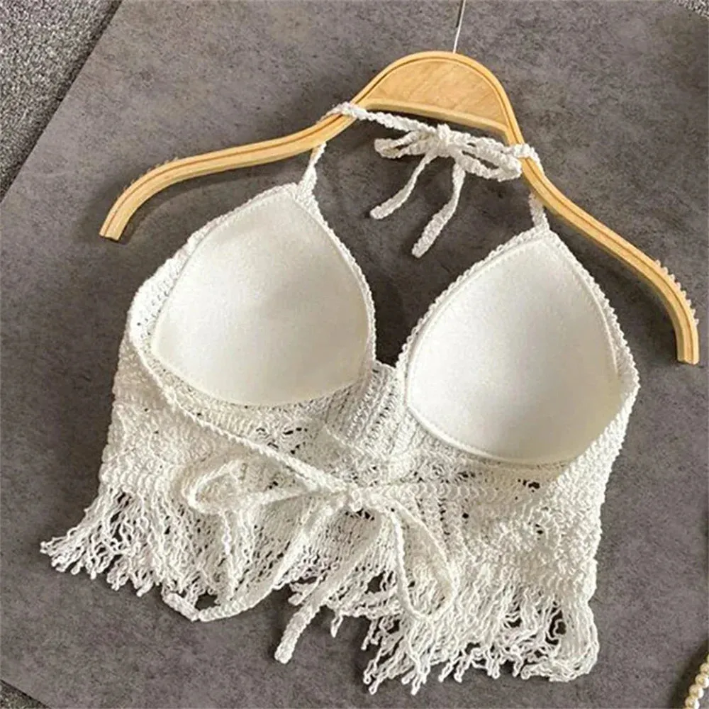 Sexy Hollow Out Underwear Women Summer Beach Short Tank Top Women Sweet Knitted Bra Tassel Women Short Top Debardeur Femme