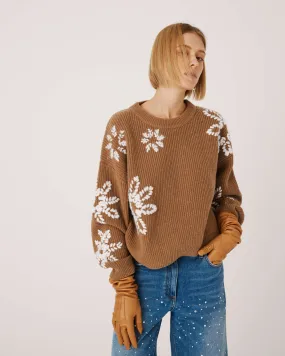 SFIZIO - WOOL BLEND CREWNECK SWEATER WITH HAND EMBROIDERED FLOWERS